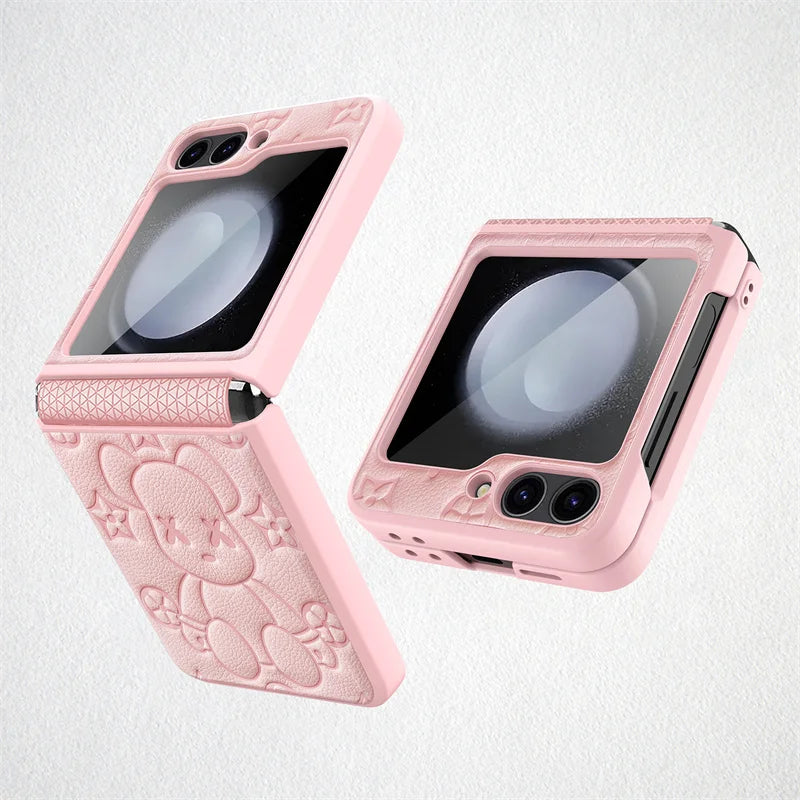 Cute Bear Folding Screen Phone Case For Samsung Z Flip 3 4 5 Folding Hinge Center Axis Case Film Integrated Phone Case