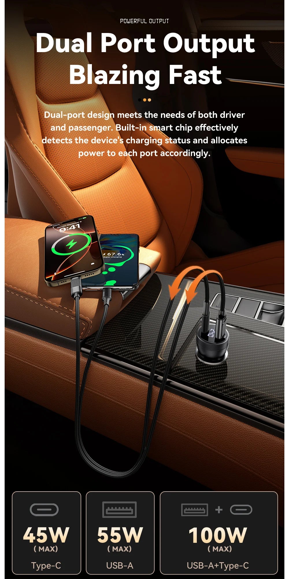 100W USB C Car Charger PD 3.0 QC 4.0 Fast Charging Dual Port Type C + USB Adapter