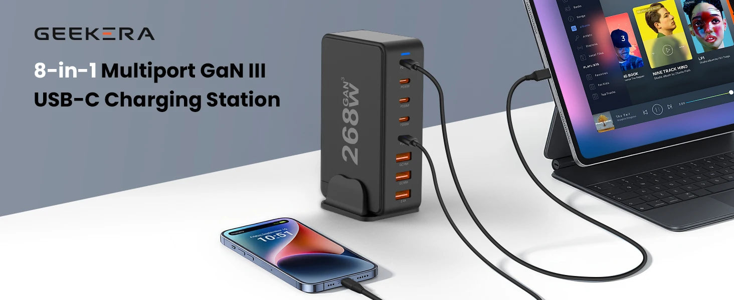 268W USB C Charger, Portable Travel 3rd GaN Charger, 8-Port Fast Charging Station, Multi Port USB Charger, PD100W Laptop Charger