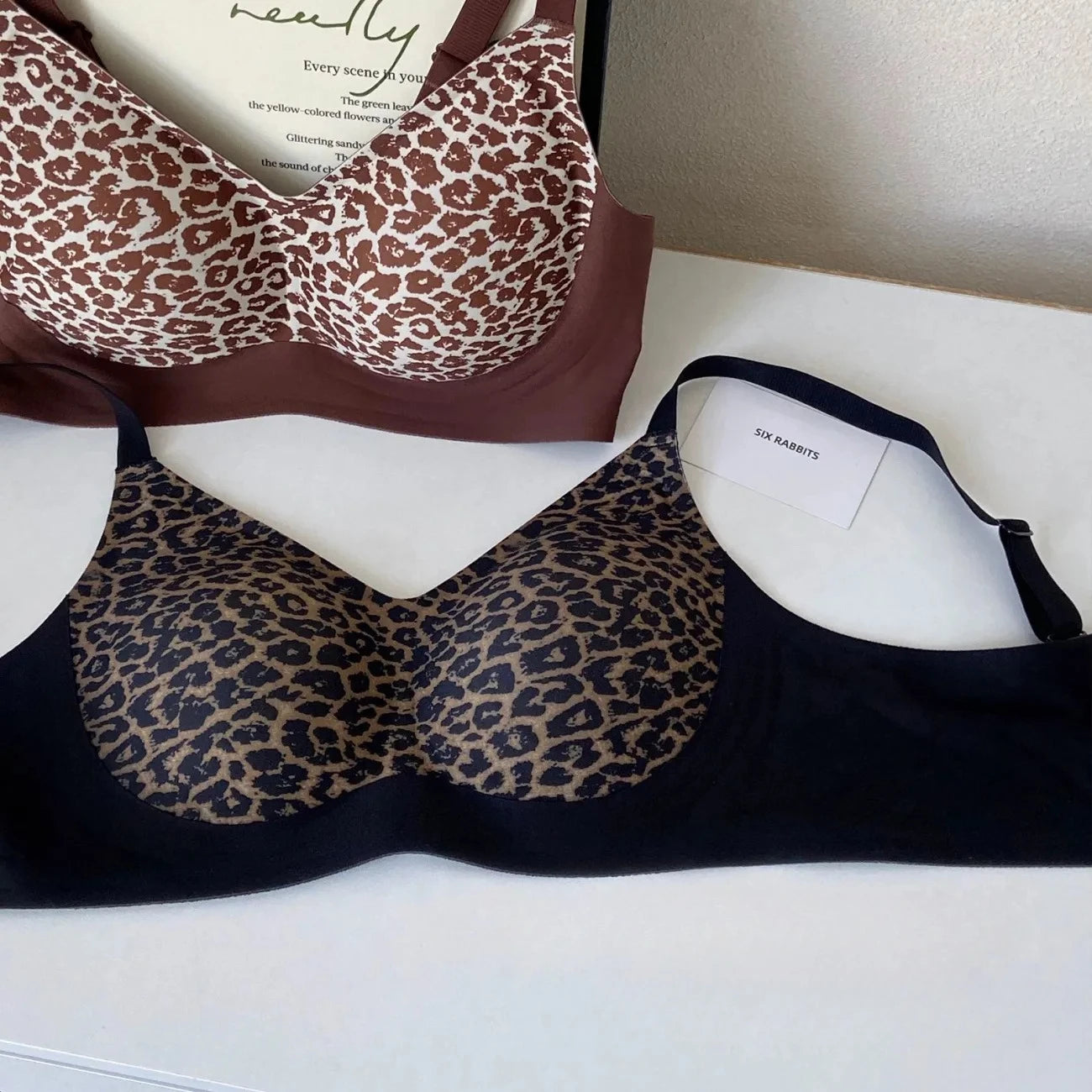 Womens Leopard Print Seamless Wireless Push Up Bra