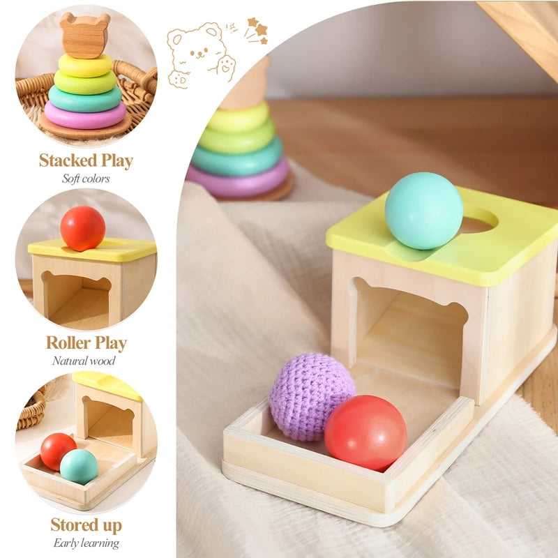 Kid Educational Toy Macaron Wooden Toys Children Montessori Object Permanence Box Hammer Box Coin Ball Textile Drum Drawer Box