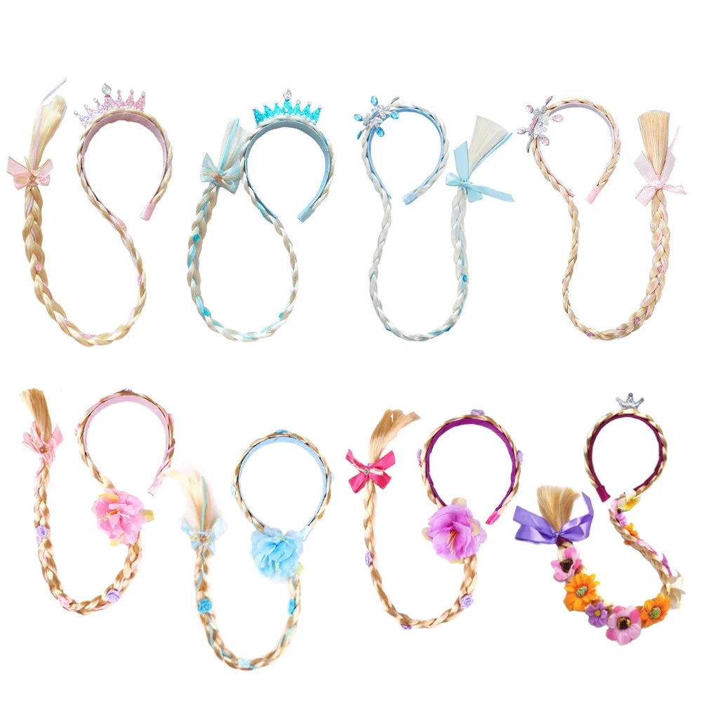 Girls Pink Blue Purple Flower Weaving Braid Headband Kids Princess Dress Up Hair Accessories Aurora Elsa Sofia Rapunzel Wig