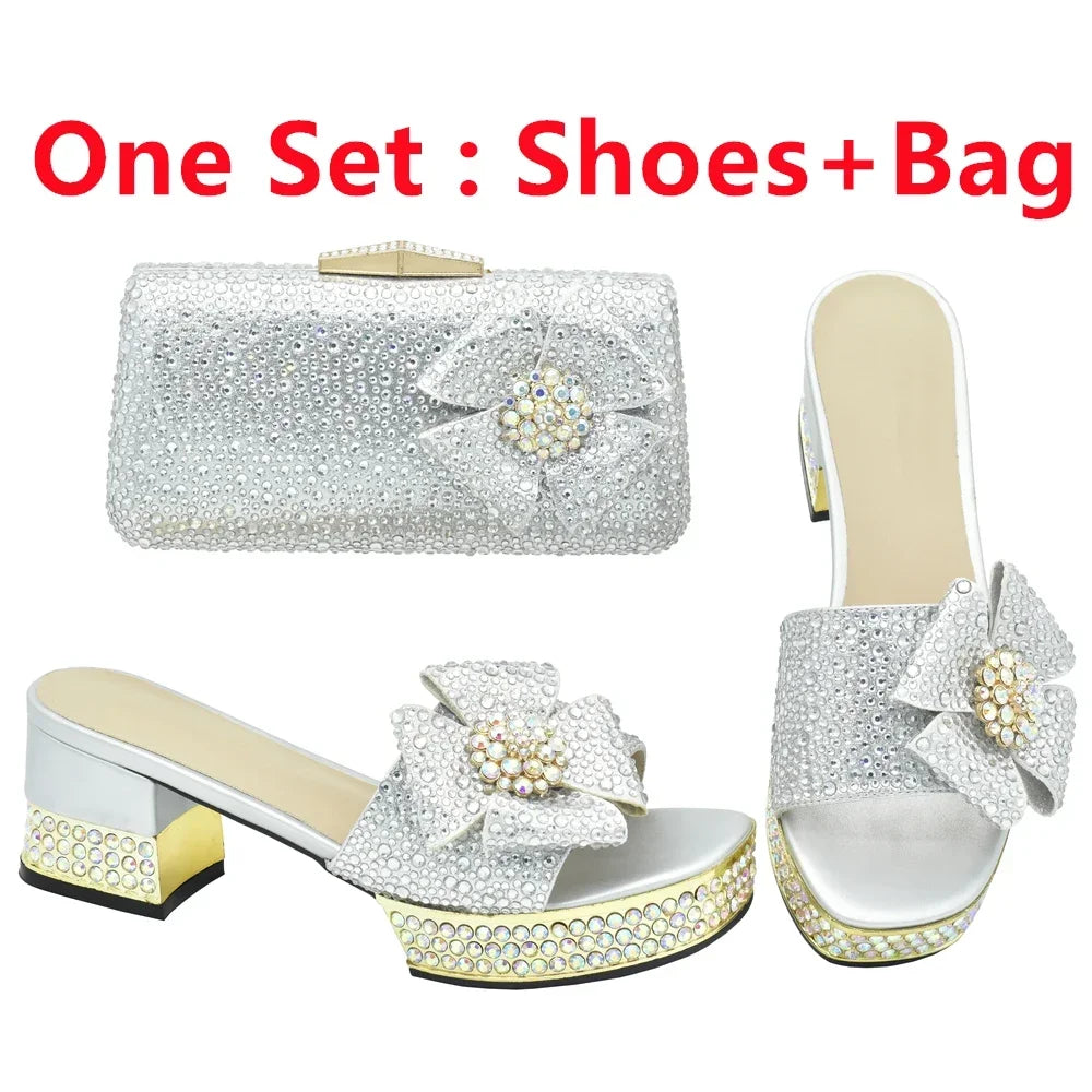 Nigerian Italian Shoes and Bags Set Decorated with Rhinestone Luxury Shoe and Bag Set for Party in Women