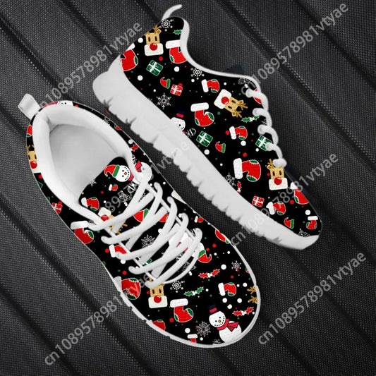 Wear-Resistant Casual Sneakers Santa Claus Snowflake Pattern Lace up Flat Shoes Women Mens Tennis Christmas Gifts