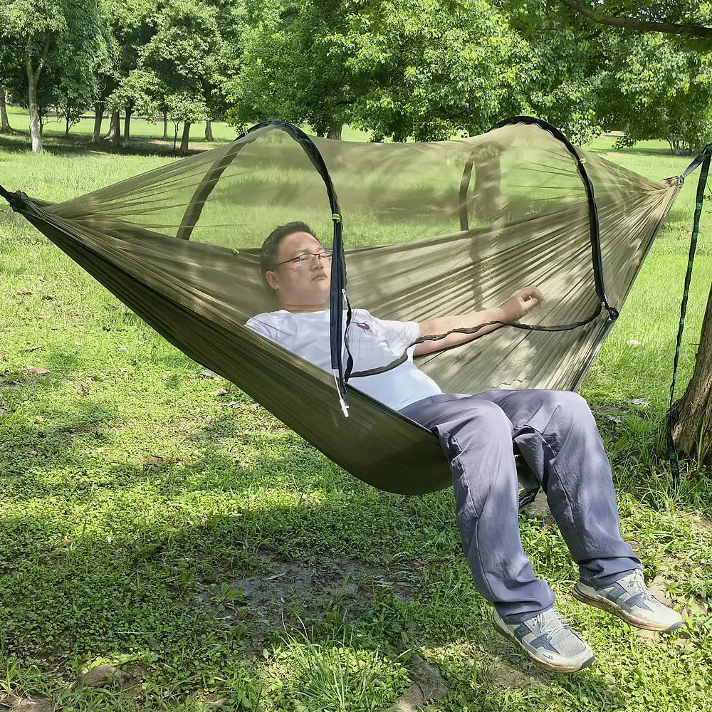 Portable Outdoor Camping Hammock with Mosquito Net and Canopy High Strength Parachute- Fabric Hanging Bed Hunting Sleeping Swing