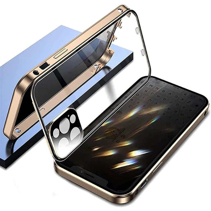 360°Full Protected Metal  Anti Peeping Buckle Lock Phone Case For iPhone 15 14 Pro Max Double-Sided Glass Cover