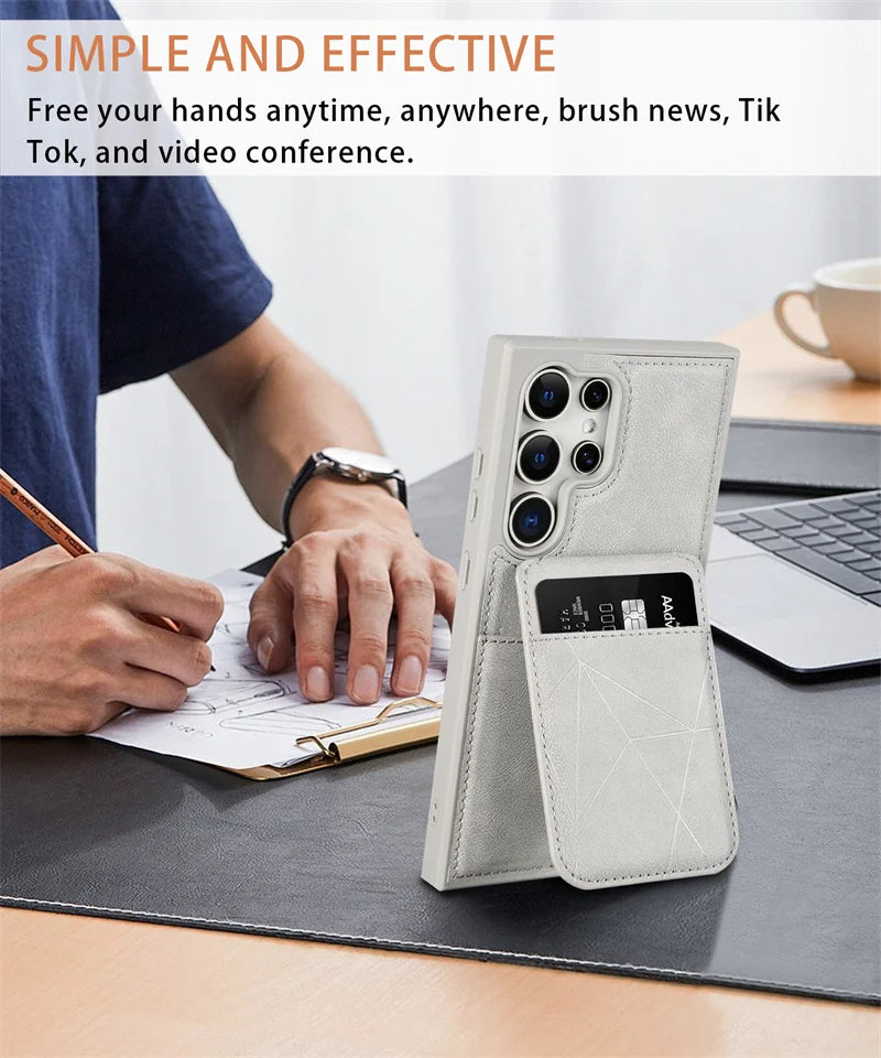 Business Leather Card Slot Bag Bracket Case for Samsung Galaxy S22 24 23 Plus Ultra Matte Stand Holder Wallet Shockproof