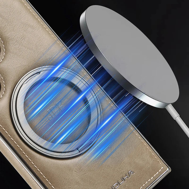 For Magsafe  360°Rotating Metal Car Bracket Ring Solid Color Leather Phone Case For Samsung S24 Ultra S22 S23 Ultra Plus