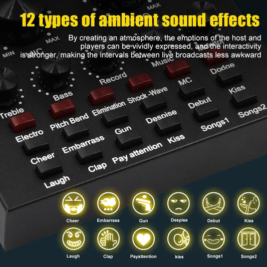 V8 USB Audio Mixer Sound Card For Live Streaming Podcast And Recording