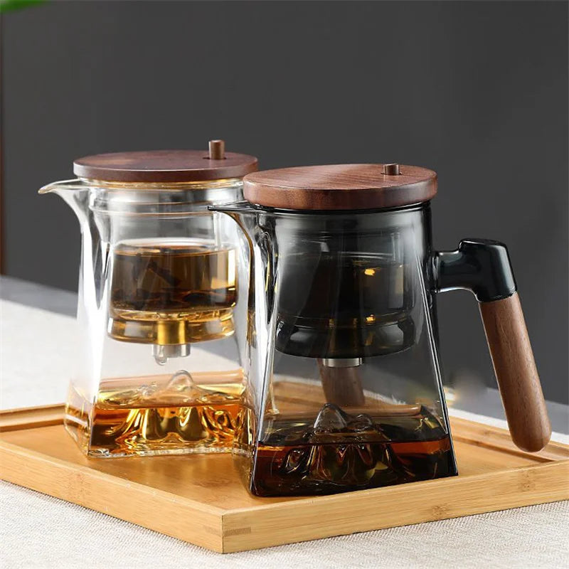 One Click Tea Separation Filtration Bottom Mountain View Glass Teapot With Wood Handle 700ml Kungfu Tea Water Separation Tea Pot