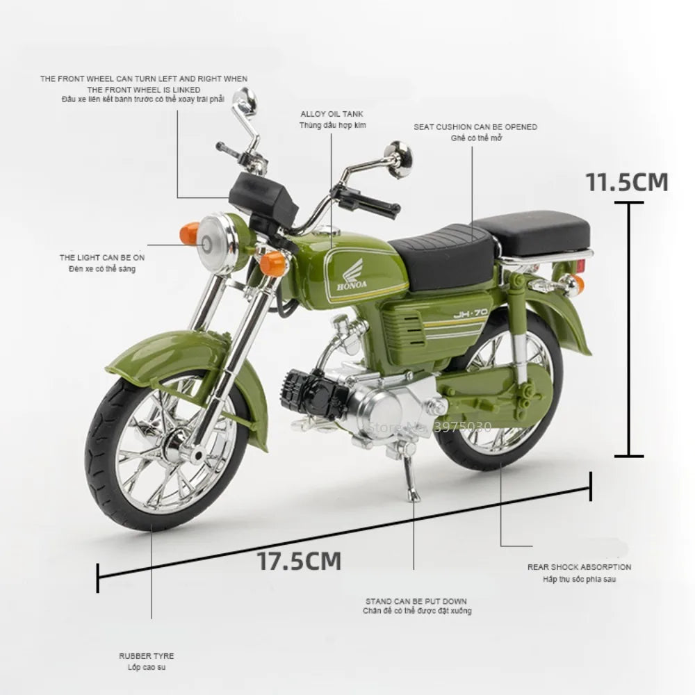 1/10 Scale Honda JiaLing JH-70 Alloy Classic Motorcycle Toys Diecast Simulation Metal Motorcycle Sound and Light Model