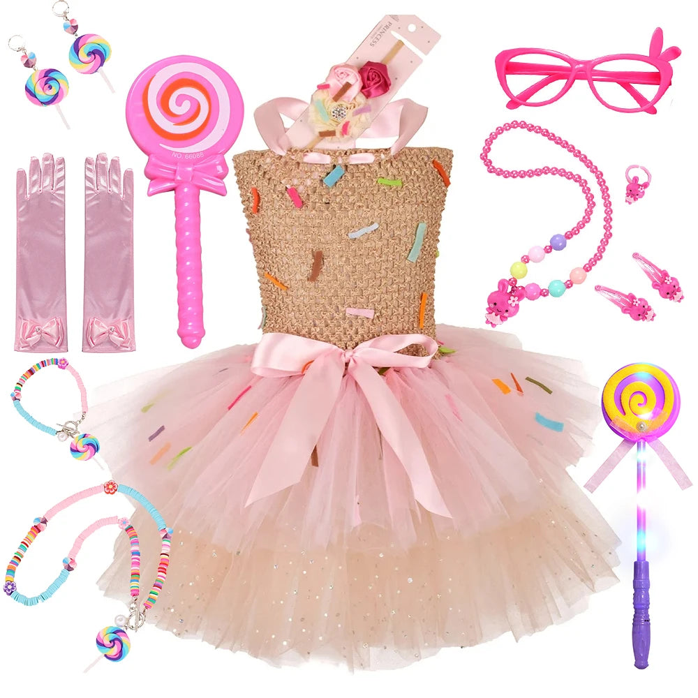 Girls Candy Dress Costumes for Purim Party Newborn Baby Teenagers Handmade Lollipop Cosplay Rainbow Mesh Princess Dress