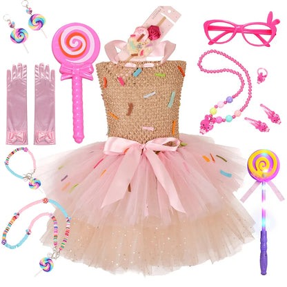 Girls Candy Dress Costumes for Purim Party Newborn Baby Teenagers Handmade Lollipop Cosplay Rainbow Mesh Princess Dress