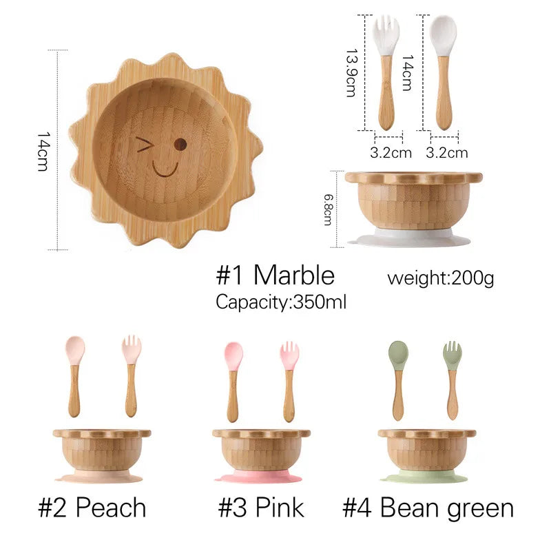 Baby Wooden Tableware Set Sun Bamboo Wooden Plate Bowl Silicone Suction Wooden Handle Fork Spoon for Newborn Feeding Supplies