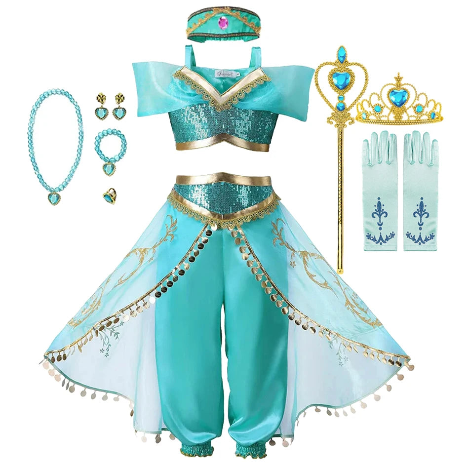 Girls Jasmine Dress Aladdin Princess Magic Lamp Carnival Birthday Clothing Vestidos Halloween Party Cosplay Costume