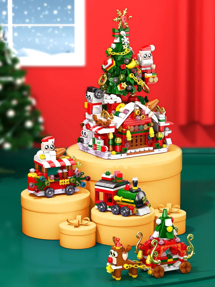 DIY 8in1 Lights Christmas Elk Deer Santa Claus Train Architecture Store Street View Xmas Tree Snow House Building Block Kit Toy