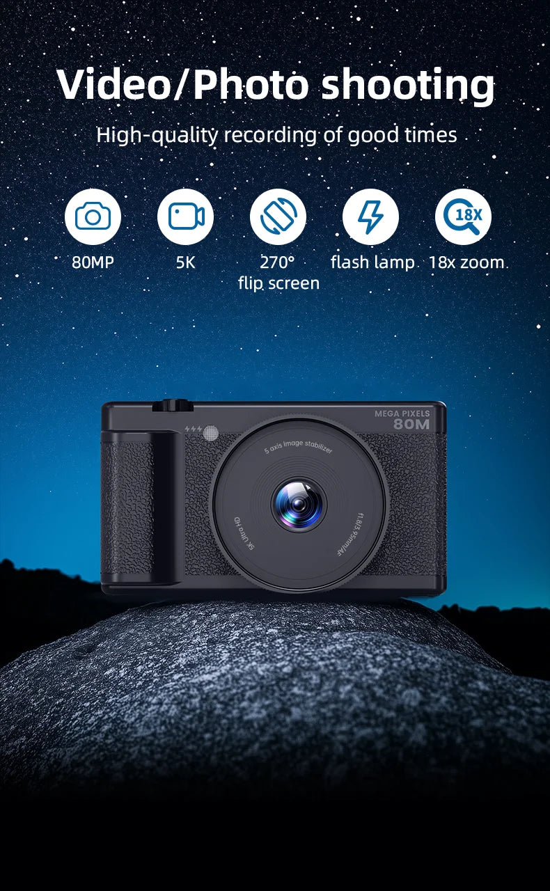 5K 80MP Digital Camera with 6-Axis Stabilization, 270° Flip Screen & 18X Zoom for Vlogging Photography