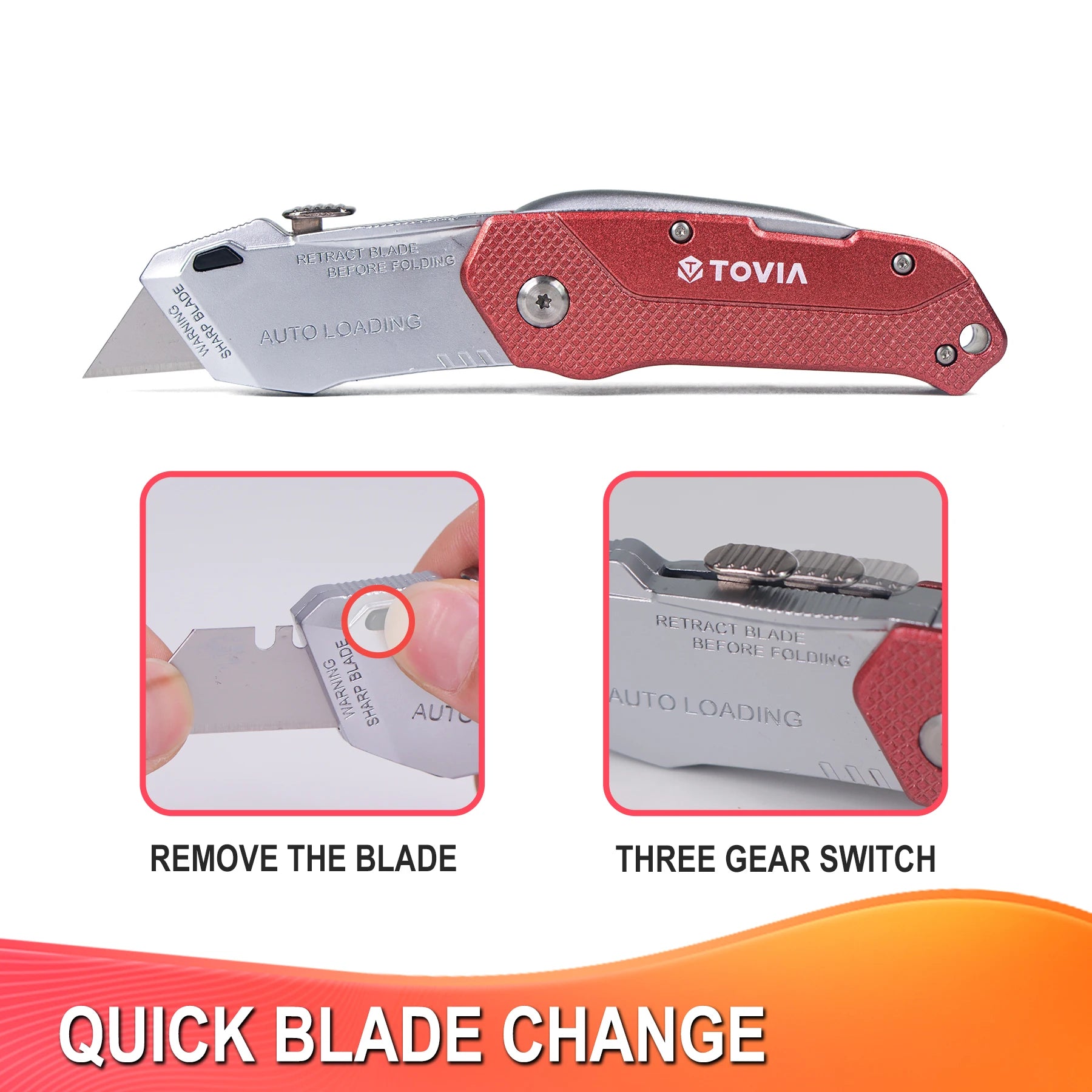 Folding Utility Knife Quick Change Box Cutter Blades, Extra 5 Blades Included, Box Knife for Cartons, Cardboard and Boxes