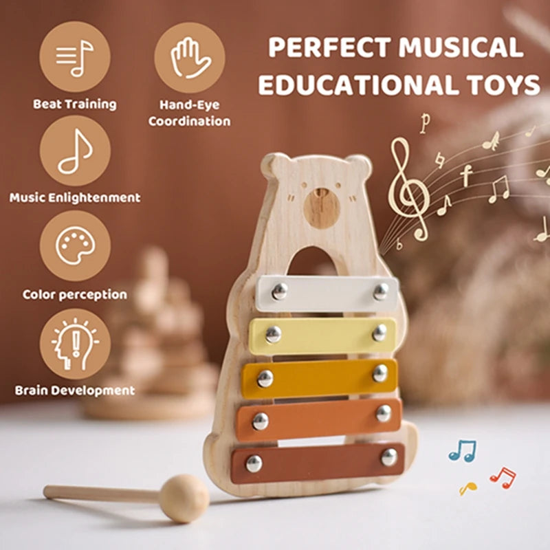 Baby Wooden Baby Percussion Music Toy Cartoon Bear Musical Early Education Toy Newborn Educational Instrument Baby Birthday Gift