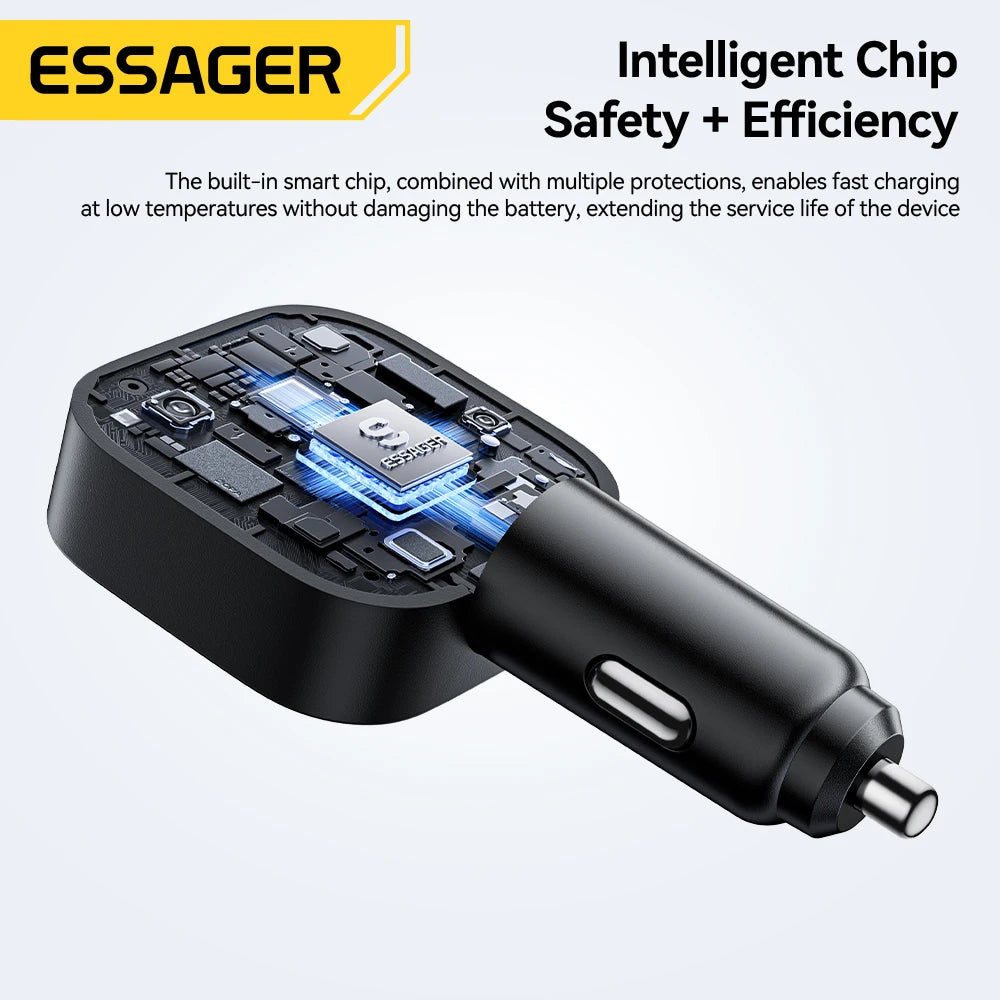 45W Car Charger with 75CM Retractable Cable PD Fast Charging USB C & USB A 3 Port Adapter