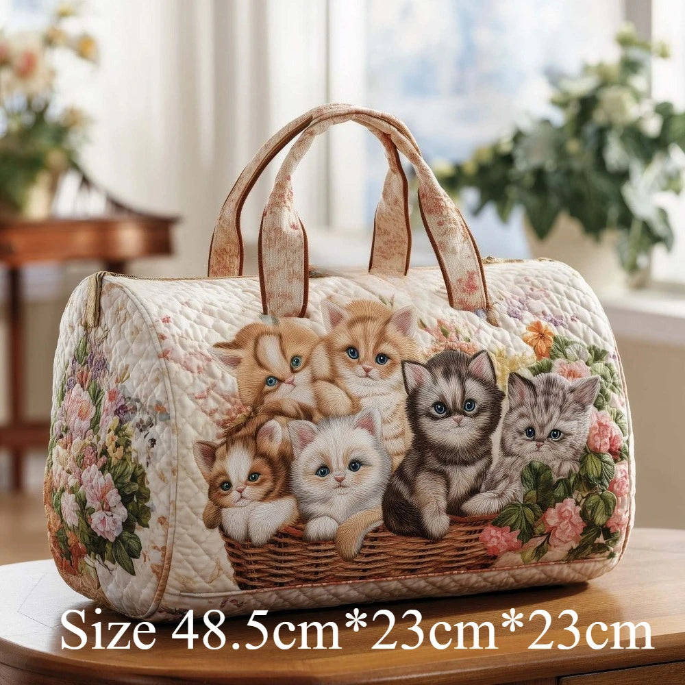 Cute 3D Quilted Cat Tote Bag Halloween Pumpkin Fall Leaves Floral Print Unique Travel Handbag Gift for Cat Lovers Shoulder Purse