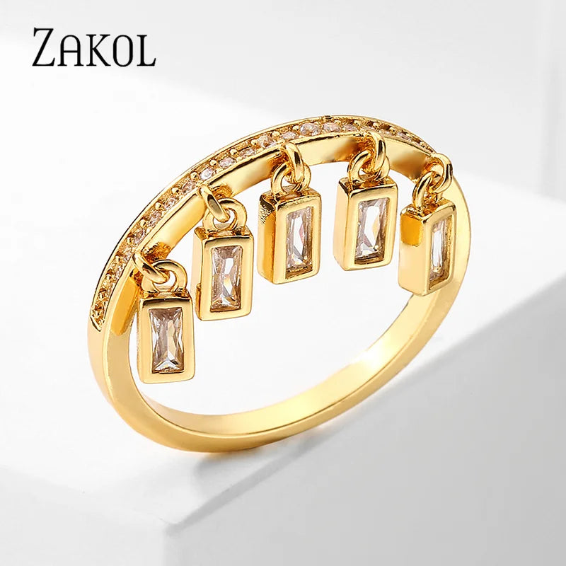 Rectangle Zirconia Tassel Rings for Women Personality Gold Color Pendant Finger Ring