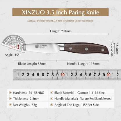 Germany Steel 3.5 " Paring Knife Stainless Steel Anti-Slip Ergonomic Red Sandalwood Handle Fruit Paring Knife Kitchen