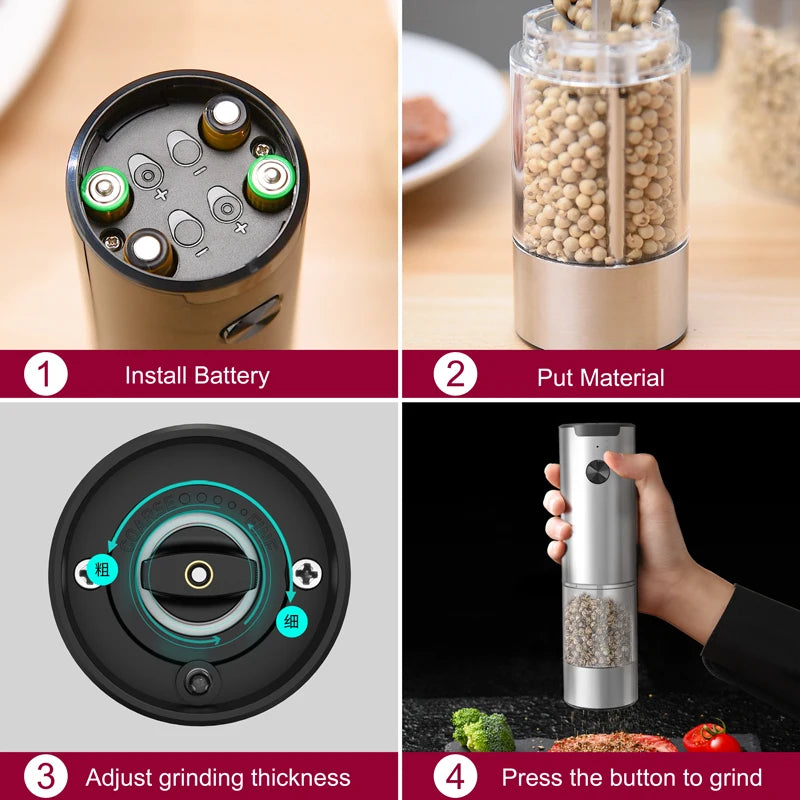 Electric Salt And Pepper Grinder With Adjustable Coarseness Refillable Mills Battery Powered Pepper Grinder Kitchen Gadget Tool