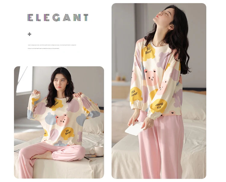 Women’s Cute Lazy Style Cotton Pajama Set – Soft, Loose Long Sleeves & Pants