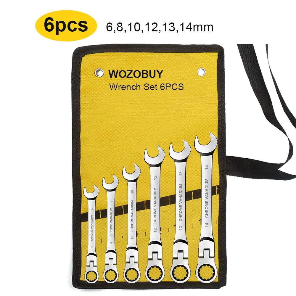 Metric Flex Head Ratcheting Combination Wrench Set 6–22mm 72-Tooth Cr-V Steel Spanner Set with Portable Storage Bag