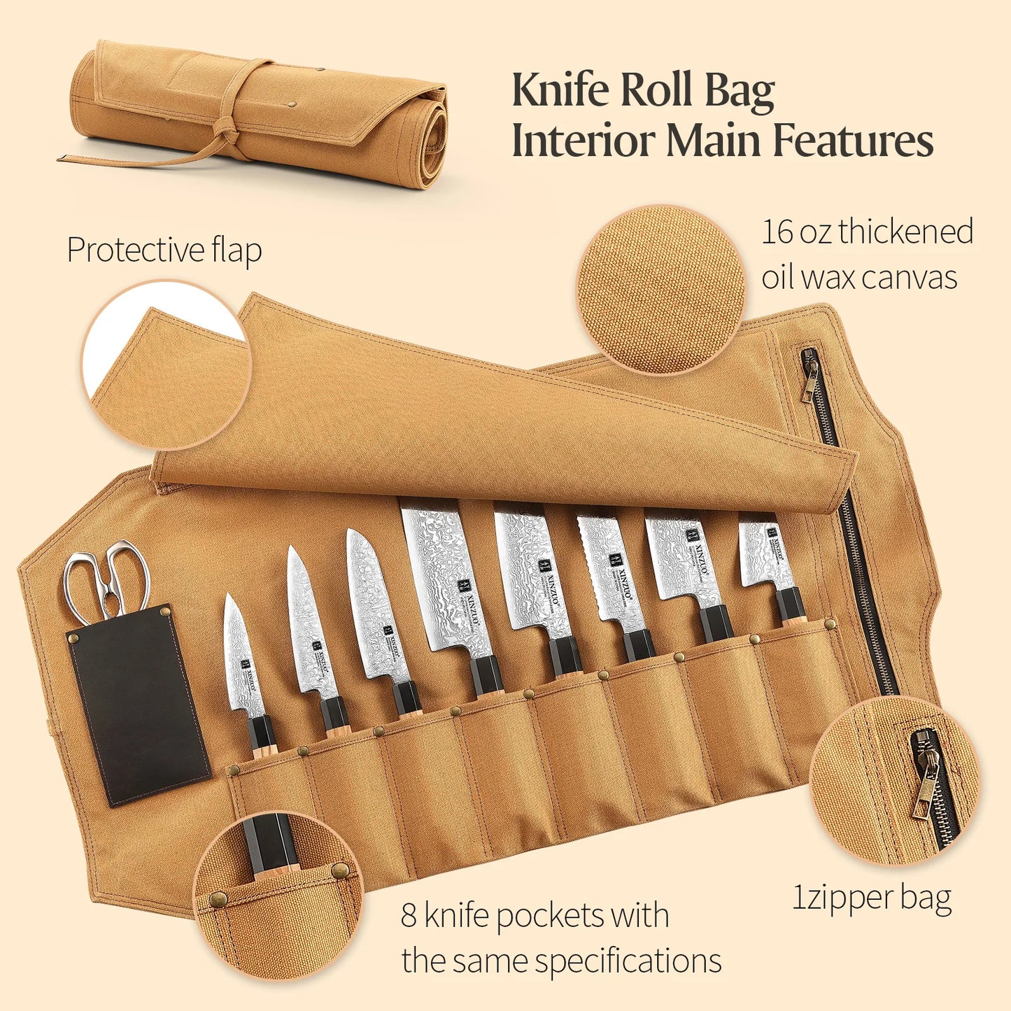 Portable Knife Roll Bag Thickened Canvas 8 Knife Slots+1 Scissor Slots +1 Zipper pouch Cooking Tool(just a bag, no knife)