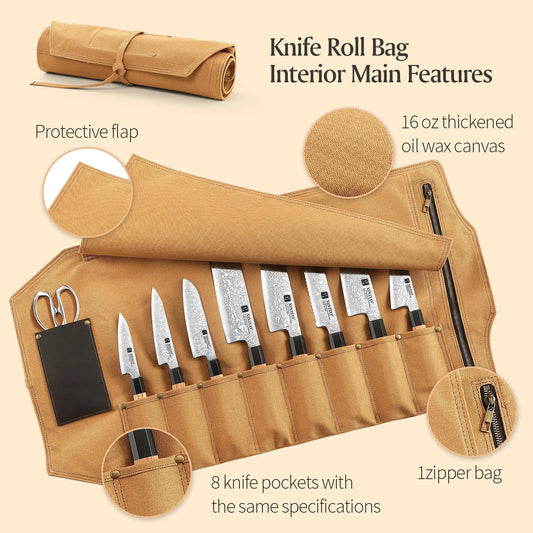 Portable Knife Roll Bag Thickened Canvas 8 Knife Slots+1 Scissor Slots +1 Zipper pouch Cooking Tool(just a bag, no knife)