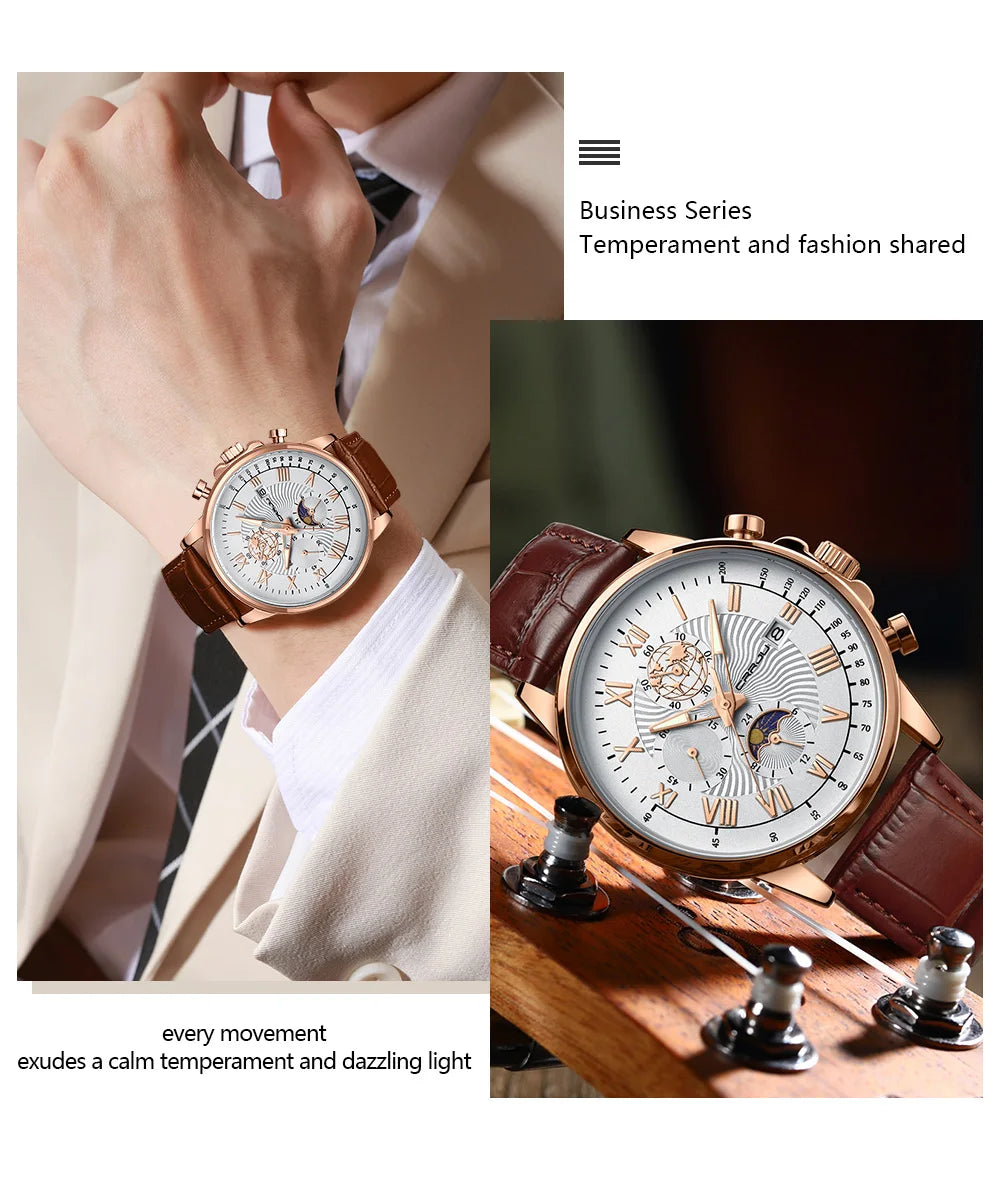 Watch Fashion Business Quartz Watch Sun, Moon and Star Multifunctional Luminous Waterproof Father's Day Gift