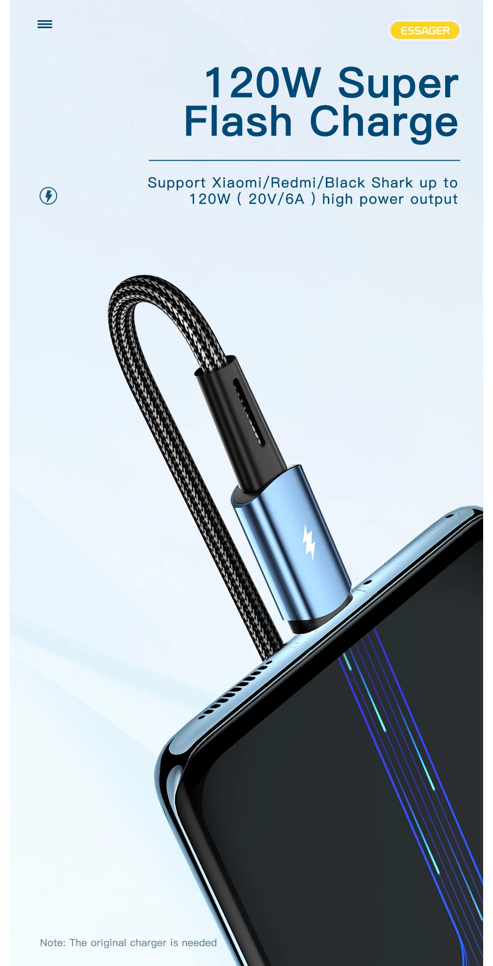 120W USB-A to Type-C Super Fast Charging Cable (6A)