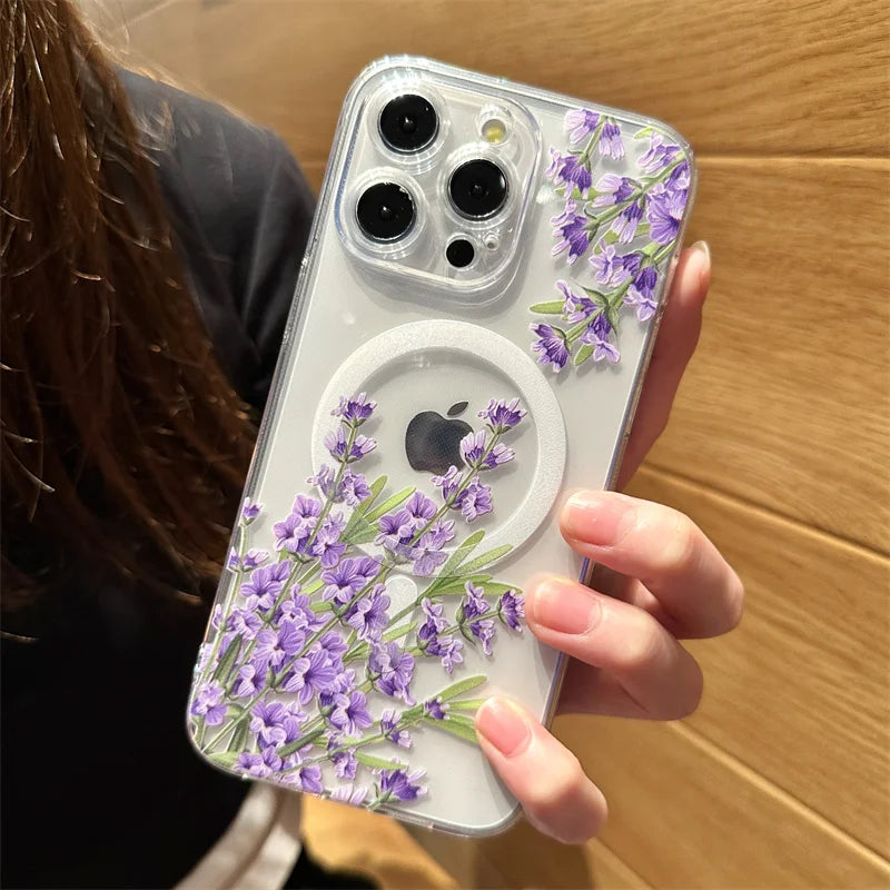 Floral Flower Transparent Magsafe  Phone Case iPhone 16 15 14 Pro Max 14 15 16 Plus Clear Wireless Charge Cover