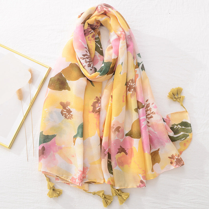 Spring Scarf Pink Blue Floral Paisley Printed Scarves Women Lady Girl Cotton Linen Bohemian Scarf For Summer Beach Shawl Bandana