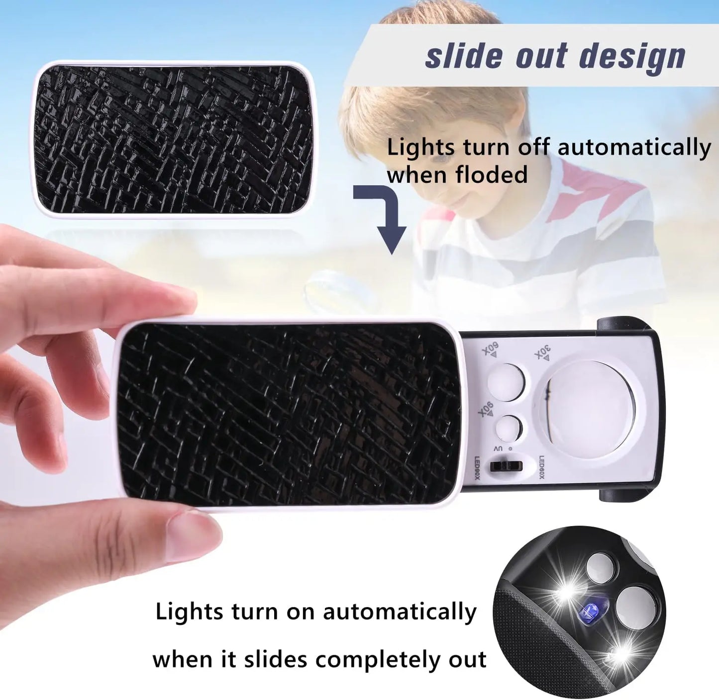 30X 60X 90X LED UV Jewelry Loupe Slide-Out Pocket Magnifier