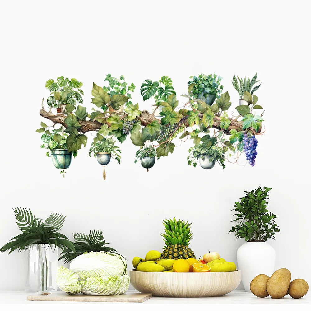 Green Vine Dill Leaves Flower Hanging Basket Wall Stickers Bedroom Dining Living Room Kitchen Green Plant Home Decor Wall Decals