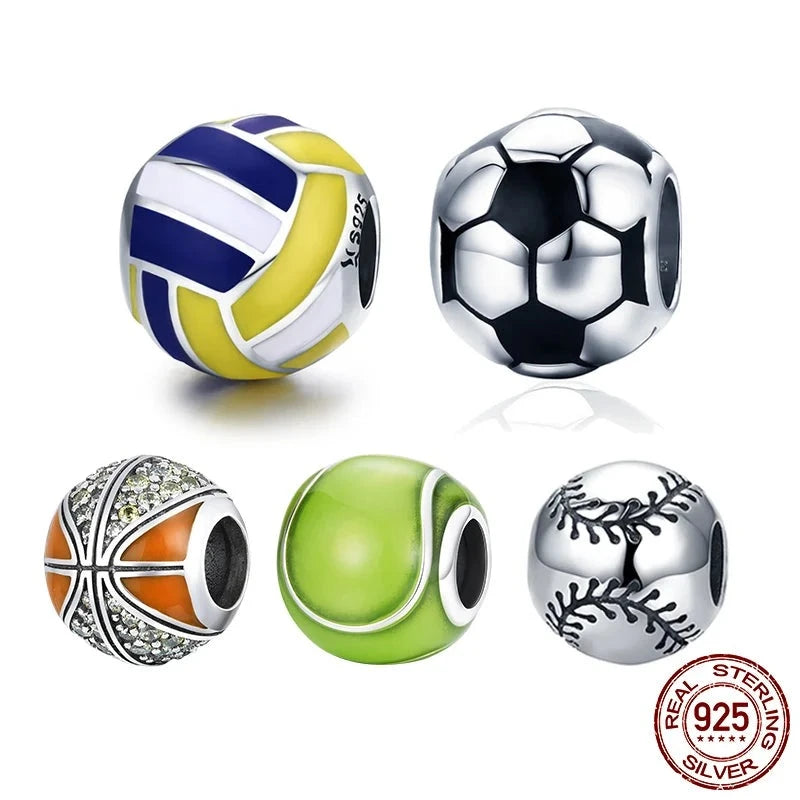 925 Sterling Silver Charm Tennis Ball Volleyball Football Bead Pendant