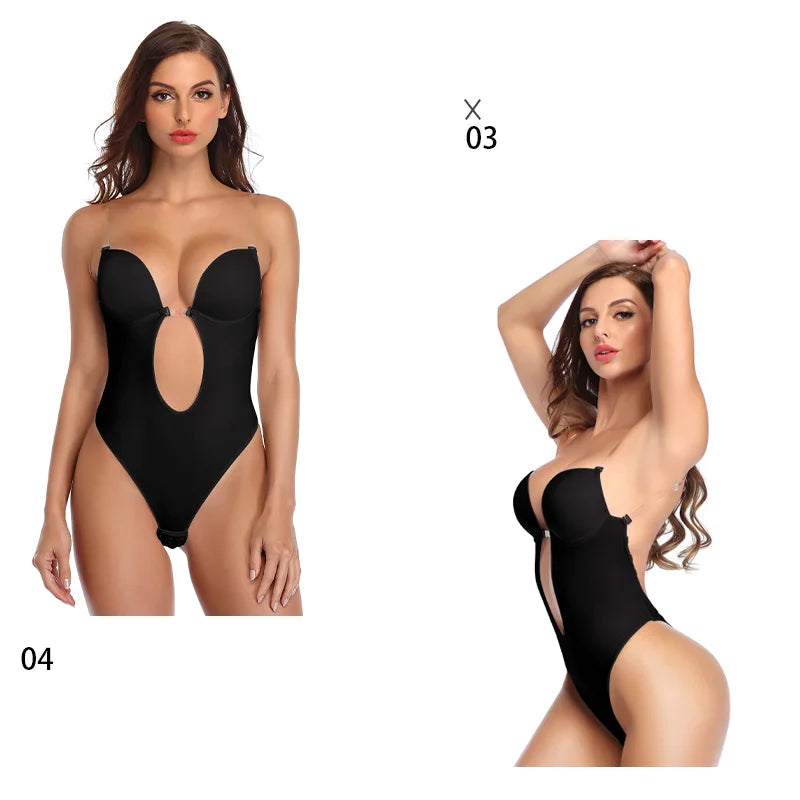 Women U Plunge Backless Bodysuit Shapewear – Deep V-Neck Tummy Control Body Shaper