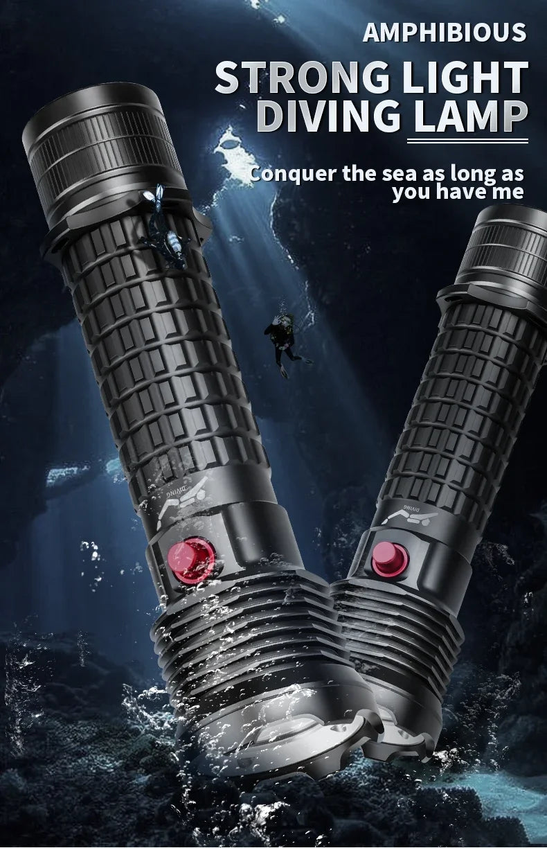 Rechargeable Diving Flashlight IPX8 Waterproof Underwater LED Torch Strong Light Dive Lamp