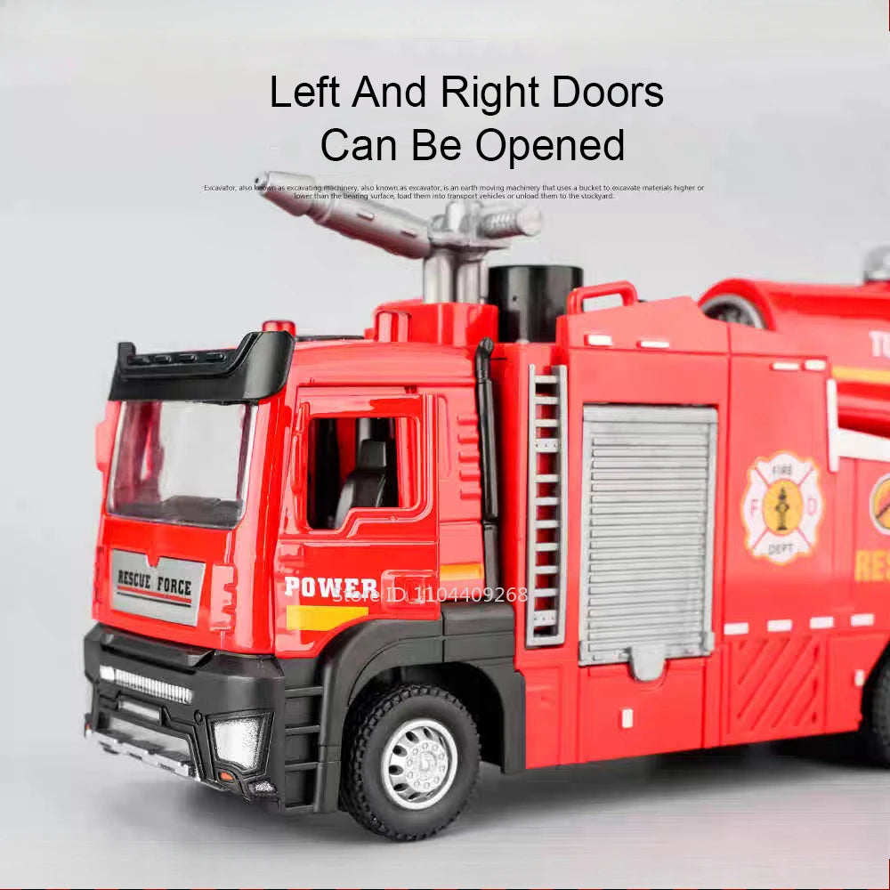 1:32 Water Spray Fog Fire Truck Model Sweeper Toy Car Sound Light Pull Back Doors Opened Vehicles Collection  Gifts