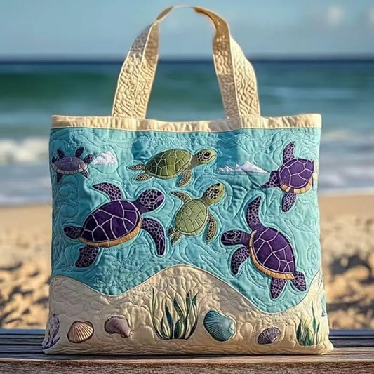 Turtle Print Quilted Canvas Tote Bag Large Capacity Shoulder Handbag