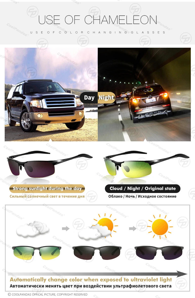 Aluminum Frame Photochromic Polarized UV400 Day Night Driving Safety Sunglasses for Men