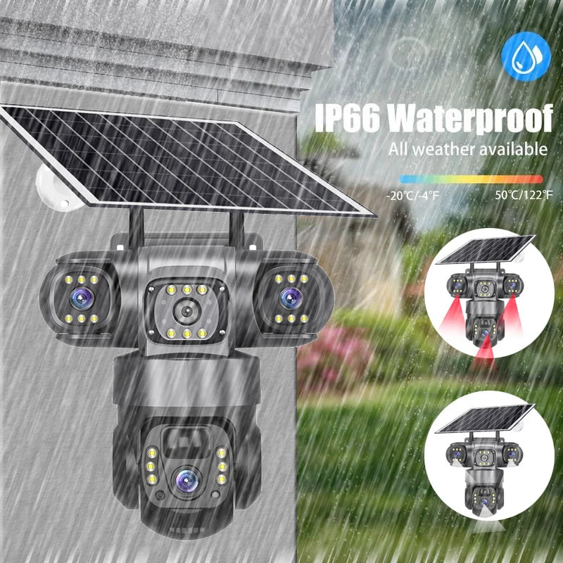 Solar Camera With 4G Sim Outdoor 3 Lens 3 Screen 10X Zoom PIR Human Detect Cam Waterproof Night Vision CCTV Security Protection
