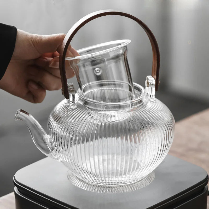 800ml Vertical Stripes Glass Teapot with Wooden Beam Handle and Tea Infuser