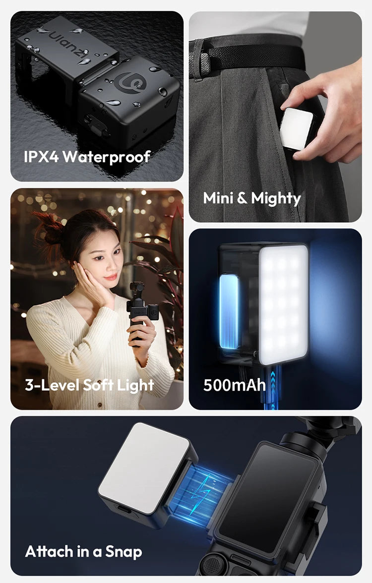 Magnetic Mini LED Video Light for DJI Osmo Pocket 3 – Waterproof Vlogging & Live Streaming Light, 500mAh Rechargeable