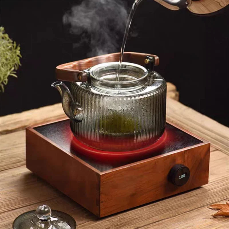 Large Capacity 1200ml Vertical Stripe Pattern Glass Tea Pot Kungfu Tea Set Wooden Beam Tea Kettle Brewing Puer Teapot Teaware