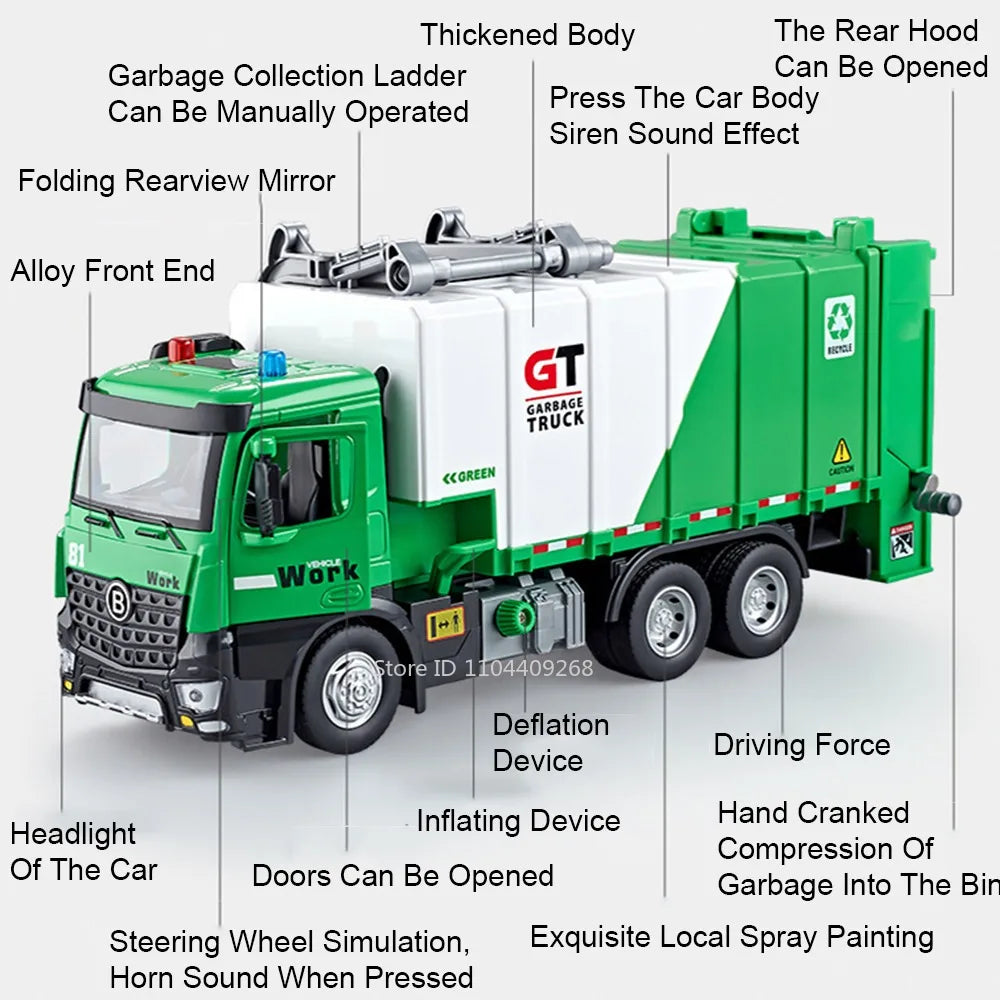 1:24 Pneumatic Garbage Car Electric Mixer Truck Toy Model Alloy Diecast Sound Light Engineering Vehicle Desktop Ornaments