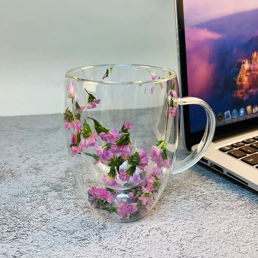 Double Wall Glass Coffee Mugs Double Insulated Glass Cup 350ml Flower Design